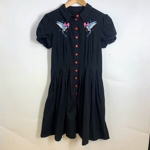 Hell Bunny Vintage Style Rockabilly Dress Swallow Embroidery Red Heart Size S